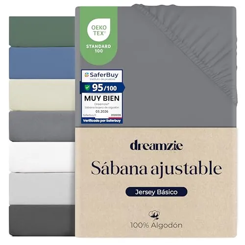 Dreamzie Sabana Bajera 80x200 Ajustable Algodon Jersey, Altura colchon 15 cm hasta 12 cm, Oeko-Tex Certificado, hipoalergenica, Antracita