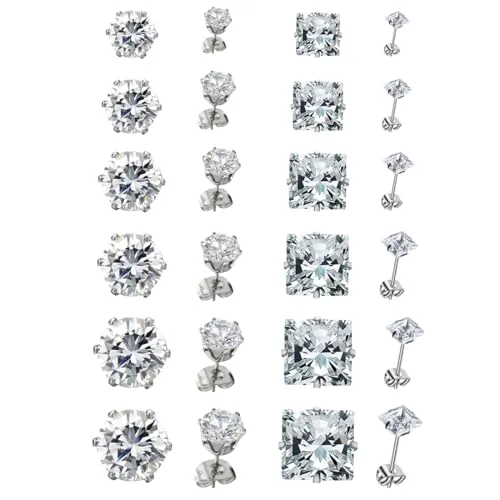 JEYORZY 12 pares de pendientes de hombre de diamante, pendientes de acero quirúrgico para mujer y hombre, circonitas cúbicas, pendientes de botón hipoalergénico cartílago