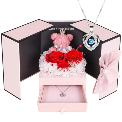 Regalos Originales Cumpleaños para Mujer, Rosa Eterna Natural con Collar de Plata 925 y Oso Rosa, Ideas Regalo Cumpleaños para Mujer Madre Novia Esposa Mama, Regalo Aniversario Pareja Boda Mujer