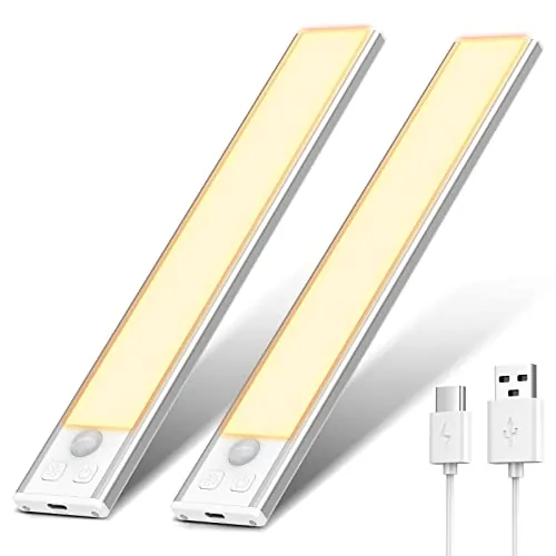 OUILA Luz de Armario con Sensor Movimiento 3000K Recargable Luz Nocturna,20.5CM Regulable Lampara LED Adhesiva para Gabinete, Pasillo, Escalera, Sótano, Cocina, Garaje-2 Packs