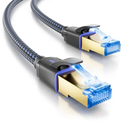 deleyCON 15m CAT 8 Cable de Red Nylon RJ45 40 Gbit/s S/FTP - Negro | Cable de conexión Gigabit Ethernet, 100% cobre, PIMF, cable LAN, conector RJ45 para CAT8 CAT7 CAT6 PoE, PS5, router, PC