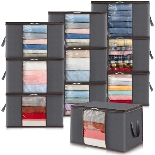 Lifewit Cajas Almacenaje Ropa, Bolsa almacenamiento ropa, Organizador Armario Plegable, Cajas Mudanza, Bolsas con Asa Reforzada para Guardar Ropa, Mantas, Edredones, Gris, 90L, 10 Piezas