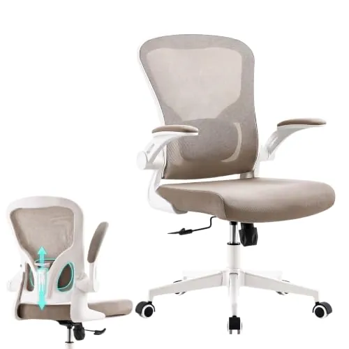 Silla de Oficina Ahorro de Espacio con Reposabrazos Abatibles, Caqui | Soporta hasta 180 kg, Deslizable bajo Mesas de menos de 70 cm con Soporte Lumbar Ajustable para Oficinas Pequeñas