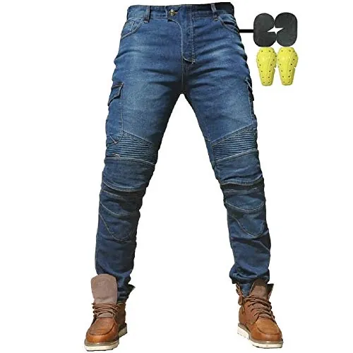 Hombres Pantalones De Motociclismo para Pantalones De Carreras De Motocross con Pantalones Anti Caída,Jeans de Moto, 4 x Equipo de protección (L= 32W / 32L, Azul)