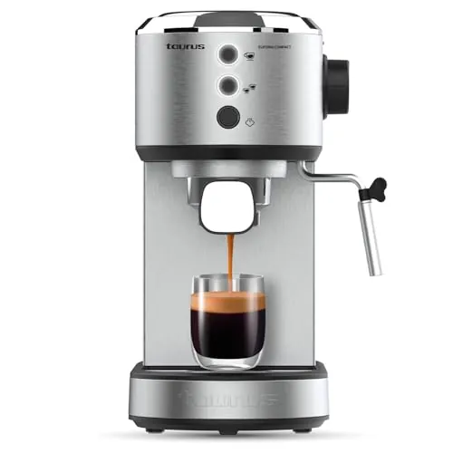 Taurus - Cafetera Espresso 1350W | 20 Bares Presión | Sistema Thermoblock | Filtro Supreme Cream | Vaporizador Orientable | Doble Café Simultáneo | Cuchara Dosificadora