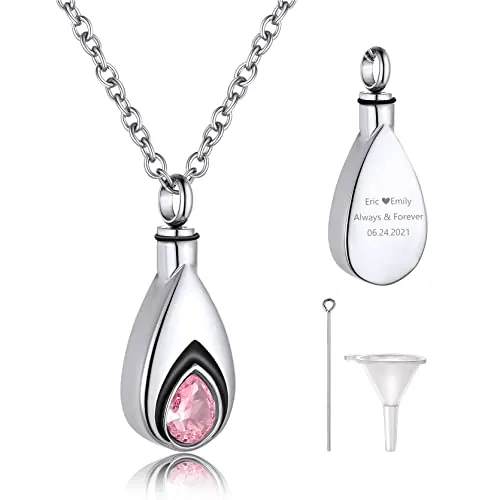 GoldChic Personalizable Collar para Conservar Cenizas Humanas, Gota de Agua Colgante Cenizas Personalizable -Octubre