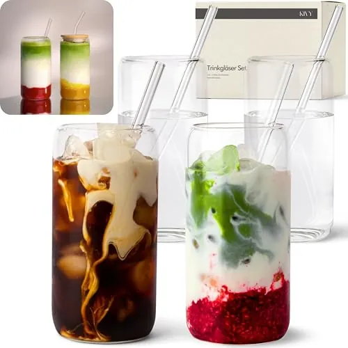 KIVY Set de vasos de cristal con pajita [4x 450 ml] - Vasos de agua, café y matcha - Set de vasos long drink - Vasos de café - Vasos para latte macchiato - Vasos altos para cócteles