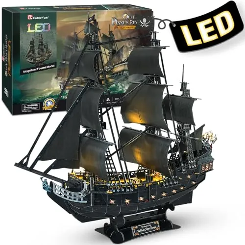 CubicFun - Puzzle 3D LED 68 CM Black Pearl - Maqueta de barco de la Queen Anne's Revenge, regalo de cumpleaños para adultos, 340 piezas
