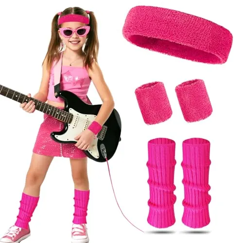 EQLEF 4 Pcs Disfraz Años 80 Niña, Guantes Rejilla Niña y Fitness Pulseras y Banderas de Neón para Festa Temática Fiesta de Baile Carnaval (Rosa)