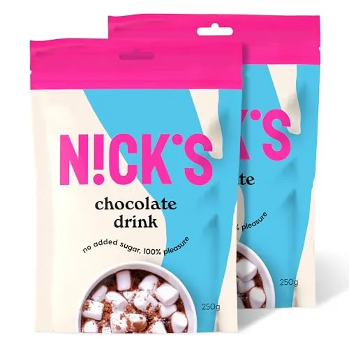 NICKS Chocolate drink Chocolate caliente sin azúcar añadido, chocolate en polvo con cacao para beber, keto, vegano, sin gluten (2x250g)