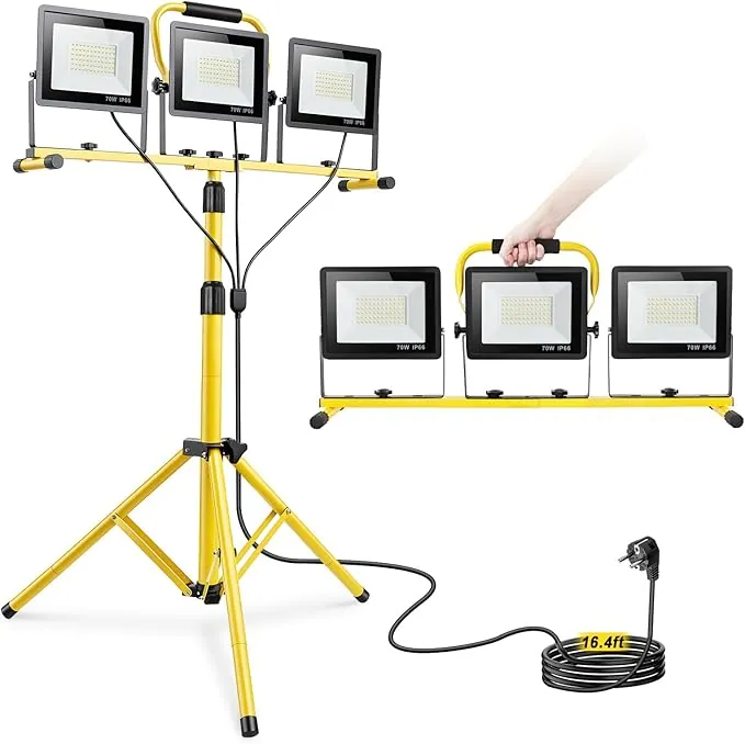 Yofuly Foco LED 3x 70W, Foco de Trabajo 21,000LM 6500K, Focos LED Portátil para Obras con Trípode Telescópico de Metal, Cable de 5M, IP66 Impermeable, Luz de Trabajo para Construcción