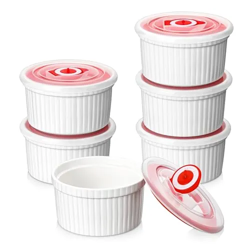 MALACASA Ramequines de porcelana blanca con tapas de 8 onzas, juego de 6 tazas de cerámica para crema brulee, aptos para lavavajillas y horno, serie RAMEKIN
