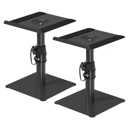 Suptek Soporte de Altavoces de Escritorio, Juego de 2, Bandejas de 9.6 x 8.8 Pulgadas, Altura Ajustable e Inclinación, Soportes Universales para Altavoces de Estantería y PC, Negro, SDM001T