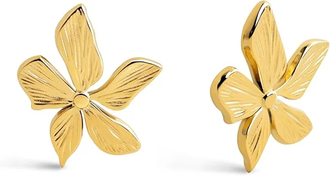 SINGULARU - Pendientes Jasmine. Pendientes Flor de Acero Inoxidable con Baño en Oro de 18Kt. Cierre Tuerca a Presión. Joyas para Mujer