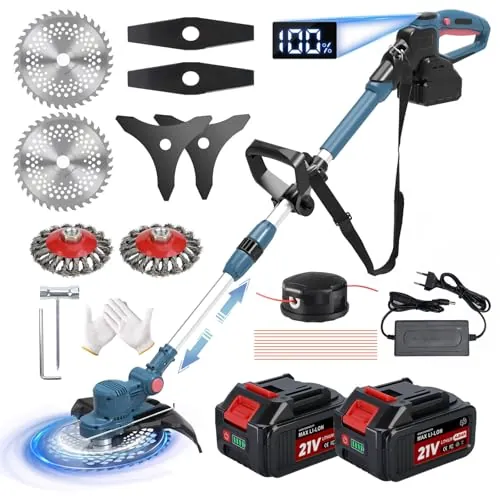 Desbrozadora Bateria 21V, Desbrozadora Electrica con 2 x 4.0Ah Baterías, Cortacesped Electrico 5 En 1 Cortabordes Bateria con Cepillo de Malas Hierbas, Motor sin Escobillas, Pantalla LED, Azul