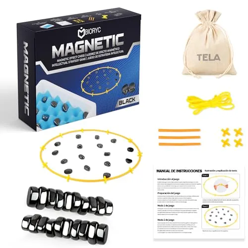 BIORYC Ajedrez Magnético Negro con 20 imanes. Incluye Bolsa de Transporte de Tela, Tablero de Esponja y Accesorios. Juegos de Mesa. Juego de Imanes