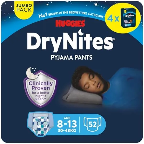 Huggies DryNites Pañales de Noche para Niño 8-13 (30-48 kg), Clínicamente Probado con 5 Capas de Máxima Protección Nocturna, 4 Packs de 13, Total 52 Calzoncillos Absorbentes