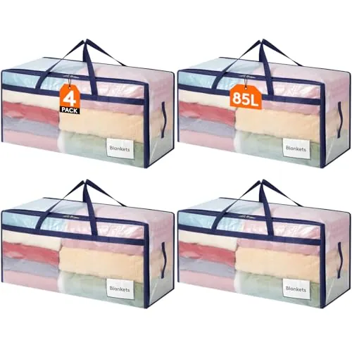 Lifewit Juego de 4 Bolsas Almacenaje Ropa 90 L, Bolsas Mudanza Grandes con Asas, Cajas Mudanza Plegables para Edredones, Mantas, Ropa, Transparente