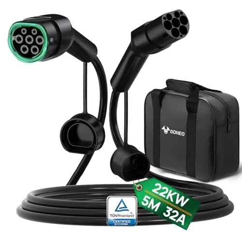 GONEO - Cable de carga tipo 2 22 kW 5 m 32 A Cable de carga para coche eléctrico tipo 2 3 fases para coche E EV/PHEV modo 3 con bolsa adecuado para modelo S/3/X/Y e-Golf ID.3 i3/i8