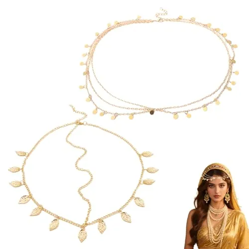 2 piezas de cadena para la cabeza con piedras de cinta, cadena de cabeza bohemia de oro para novia, joyería de hojas en capas, oro para mujer, adivina, tocado para mujeres y niñas, festivales de baile