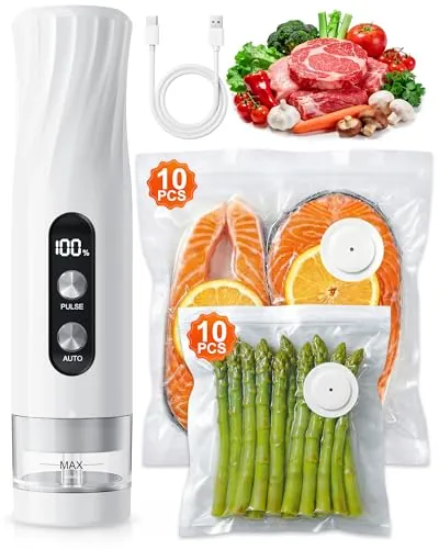 Babacom Envasadora al Vacío Doméstica y Selladora al Vacío Inalámbrica de Mano con 20Bolsas Reutilizables para Congelador,-60kPa,Sellado 1 Toque y Modo Pulsante para Cocción por Lotes y Almacenamiento