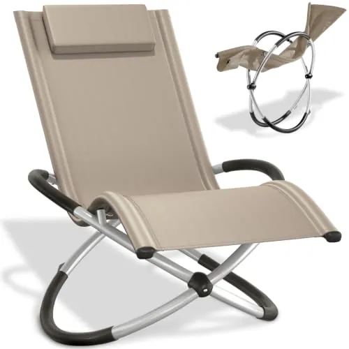 tectake® Tumbona Plegable con Función Balancín, Tumbona Playa Ergonómica, Tumbona Piscina en Acero y Textileno, Tumbona Jardín Exterior, Protección Antivuelco, Carga Máx. 150 kg, Fácil Montaje - beige