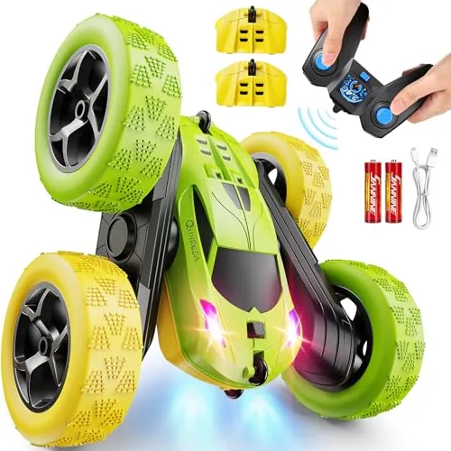 QUNREDA Coche Teledirigido RC Stunt Car 4WD 2,4 GHz – 360° Volteos, Luces LED, Baterías Modulares USB-C,Juguetes para Niños 6-12 Años, Regalo de Cumpleaños (Verde&Amarillo)