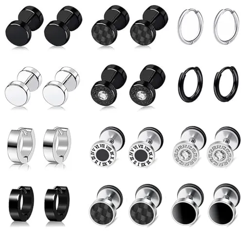 BVLAGIDA 12 pares de pendientes de acero inoxidable para hombre, color negro, sin alergias, pendientes de aro de plata, túnel para hombre y mujer, lac lac edelstahl