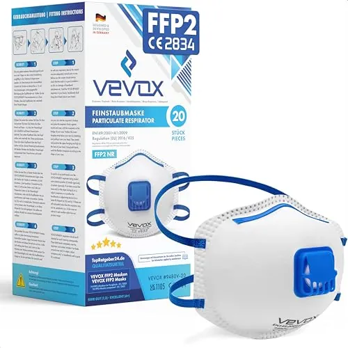 VEVOX® Mascarilla FFP2 – Lote de 20 – Mascarillas antipolvo con válvula para el trabajo, para obras y para alergia – Protección contra el polvo fino, de albañilería y de cemento