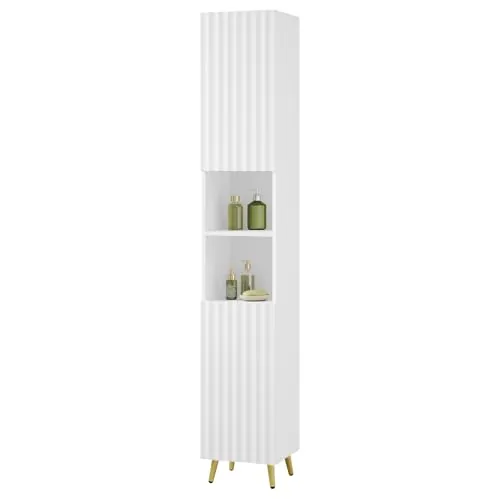 eSituro Armario Alto de Baño, Mueble Estrecho con Compartimentos Abiertos, Auxiliar con 2 Puertas, Estante Ajustable, Patas Metálicas Doradas, Blanco, 30x28x180 cm