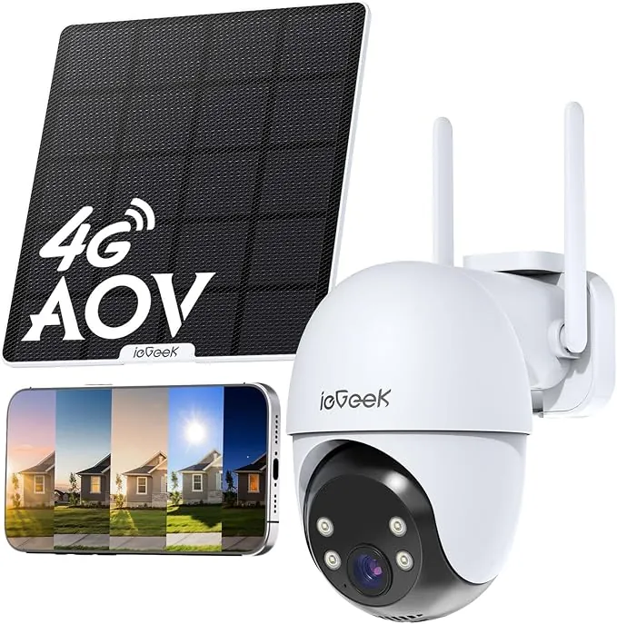 ieGeek 24/7 Grabación,Cámara Solar 4G AOV sin WiFi,Cámara Vigilancia SIM Exterior sin Cables,Seguimiento Automático,Detección Persona/Coche 30m,Visión Nocturna 20m,eSIM Integrado,10000mAh,360° PTZ