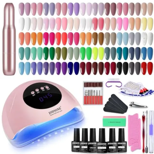 JODSONE Kit 60 Pcs Esmalte Gel Uñas con Lámpara U V y Taladro | 55 colores, base, top brillante y mate, lámpara LED inteligente y taladro de 14000 rpm. Incluye herramientas de manicura.