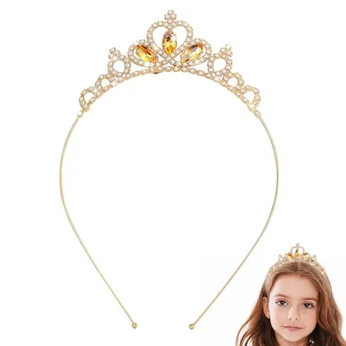 Corona para niña dorada, tiara para el pelo, tiara para niña, accesorio para carnaval, cumpleaños, corona de disfraces, accesorios de disfraz, standard, Aleación de carburo de