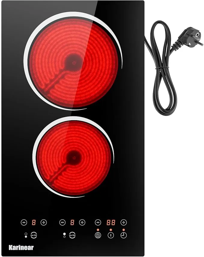 Karinear Placa Vitrocerámica de 2 Fuegos con Enchufe, Vitroceramica Dos Fuegos, Control Táctil, Independiente, Vitroceramica 2 Zonas, Ttemporizador, Bloqueo de Seguridad, 220-240 V, 3000 W