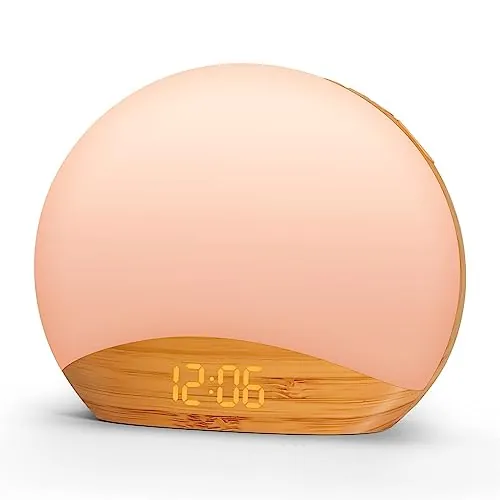 REACHER Madera Grano Sunrise Luz Despertador Luz Nocturna y Máquina de Sonido, Reloj Digital Regulable para Dormitorio, 26 Sonidos de Dormir, Máquina de Ruido Blanco para Bebé, Adulto, Despertador de