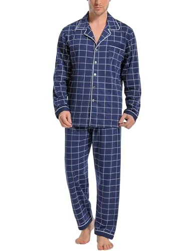 iClosam Pijama Invierno Hombre Algodón a Rayas con Botones Conjunto Pijamas | Conjunto de 2 Piezas, Camiseta Manga Larga, Pantalón Largos, Dormir Casa, Suave y Cómodo, Otoño y Frío Interior