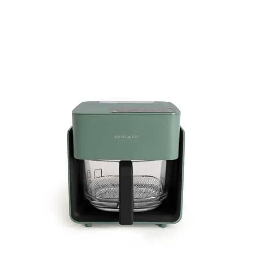 CREATE/AIR FRYER STUDIO CRYSTAL/Freidora sin aceite 4.2 L con vaporizador de agua verde sage/Capacidad 5-6 raciones, 6 programas, bandeja de cristal, control de tiempo y tempertura, 1300W