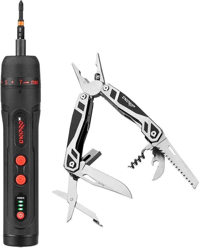 Kit Herramientas 2 en 1: Destornillador Eléctrico 3.6V 4,5 Nm 320 rpm USB-C + Multiherramienta 17 en 1 Acero Inoxidable, Kit Completo Bricolaje, Hogar, Camping y Coche