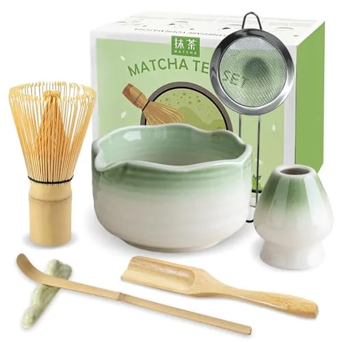 JBER Matcha Kit 7 Piezas - Kit Té Matcha Completo con Tazón de Matcha con Pico, Batidor de Bambú y Accesorios Completos, Perfecto para Ceremonias Japonesas y Lattes Caseros, Gradiente Verde Claro
