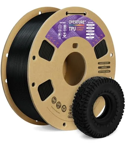 OVERTURE TPU 95A Filamento 1.75mm, TPU Filamento Flexible 95A Suave para Impresoras 3D, 1kg Carrete de Cartón, Precisión +/- 0.02 mm, Compatible con la Mayoría de Impresoras FDM (Negro)
