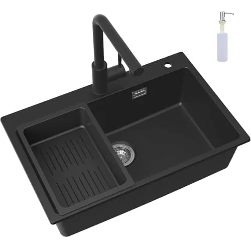 CECIPA Fregadero de Cocina Negro con Grifo Extensible, 70 x 45 cm Lavabo de Cocina 1 cuenco de Granito con Dispensador de Jabón y Cesto de Desagüe, Empotrado en Mueble 80cm, con Sifón