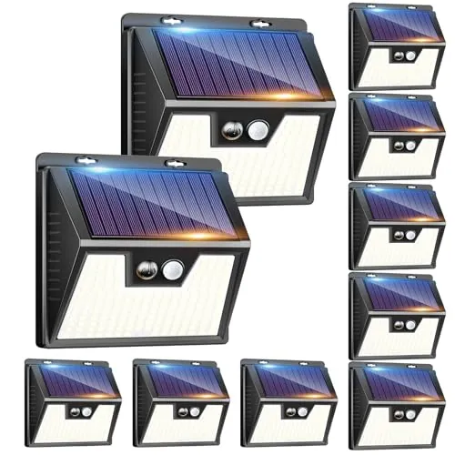 kolpop Luz Solar Exterior potente, [10 Paquete/3 Modos] focos led exterior solares 176 LED, Luz solar exterior con sensor de movimiento Impermeable IP65 foco solar para terraza, Blanco Frío