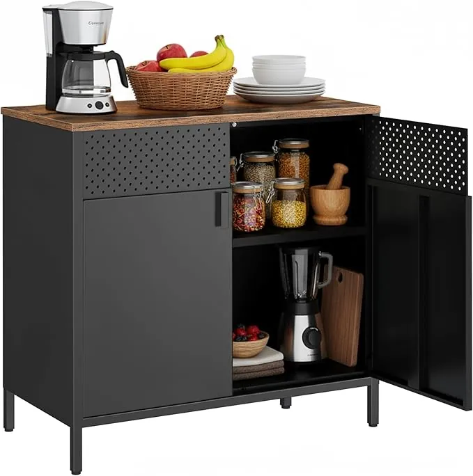 SONGMICS Armario de Almacenamiento, Aparador de Metal, Doble Puerta Magnética, Estante Ajustable, Marco de Acero, 40 x 80 x 76 cm, Marrón Rústico y Negro LSC102B01