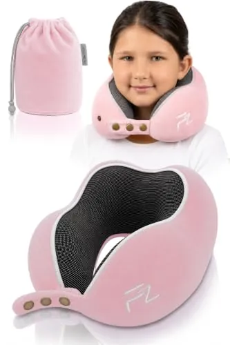 FLOWZOOM Comfy Kids Almohada de Viaje para Niños Mayores de 6 Años – Cojín Ajustable con Funda Suave y Lavable – Cojín de Viaje Viscoelástica para Coche, Tren y Avión - Rosa, Talla M (6-10 Años)