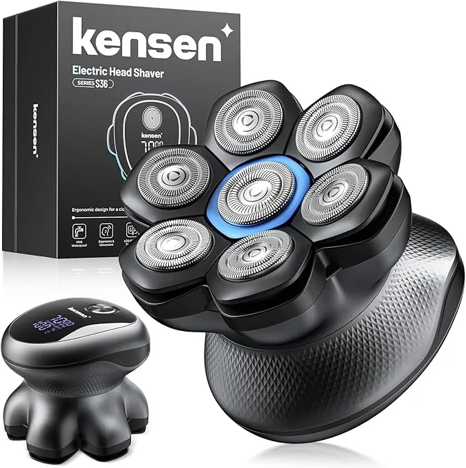 kensen Afeitadora Cabeza Hombre, Máquina de Afeitar Cabeza con 2 Velocidades, 7D Cabezales Magnéticos, Afeitadora Electrica Hombre Calva en Seco y Húmedo, IPX6 Impermeable, Carga USB-C, Pantalla LED