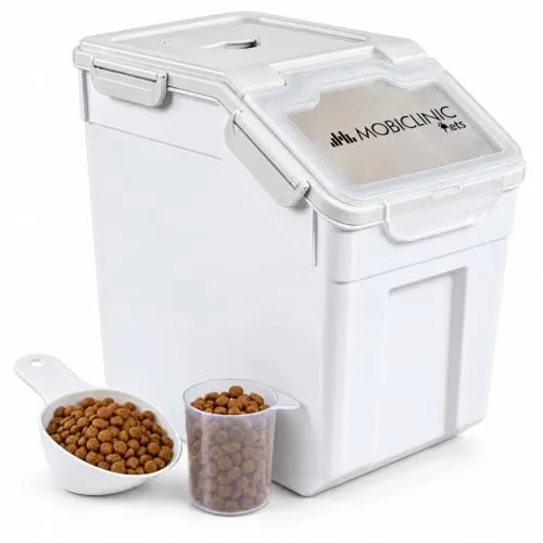 Mobiclinic®, Contenedor Pienso, Pala y Vaso Medidor, Capacidad 20 L/8 Kg, para Mascotas, Cierre Hermético, 23x25,5x36,5cm, con Ruedas, Ventana Transparente, Preservación de Frescor, Feedpet
