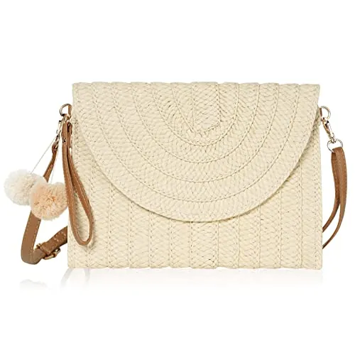 Aucuu Bolsa de Bandolera de Paja, de Hombro, de Playa Tejido Hecho a Mano, Perfecto para Verano, Fiesta, Viajes, el Regalo para Mujeres y Niñas-Beige