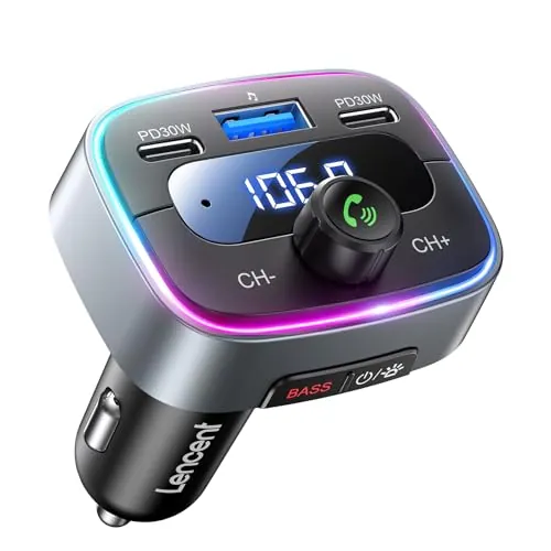 LENCENT Transmisor FM Bluetooth 5,4 Auto 60W, Carga Rápida 2 USB-C (PD 30W)