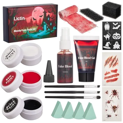 Lictin Maquillaje SFX,Pintura de Halloween Facial Corporal,Sangre Falsa Spray y Gel - Negro Rojo y Blanco ,Cara Pintura Corporal con Zombie Vampiro Esqueleto Halloween Disfraz de Payaso Maquillaje