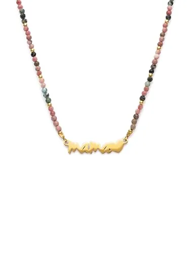 SINGULARU - Collar Mamá Heart Tourmaline. Acero con Baño en Oro de 18 Kt y Piedra Natural. Joyas Para Mujer.